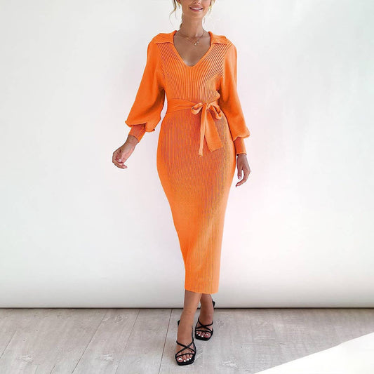 V-NECK SEXY KNIT SHEATH LACE-UP DRESS