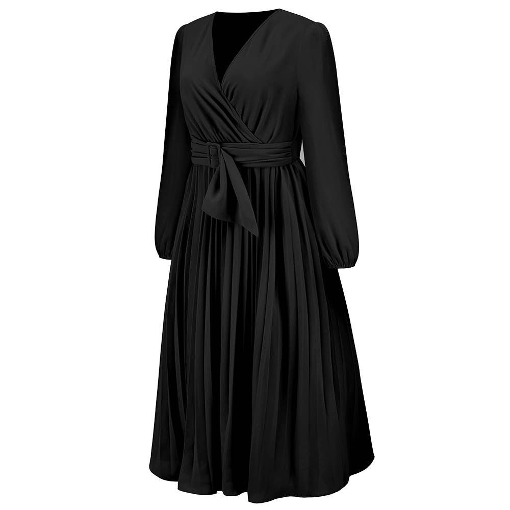 LONG SLEEVE PLEATED BELT SOLID COLOR V-NECK DRESS