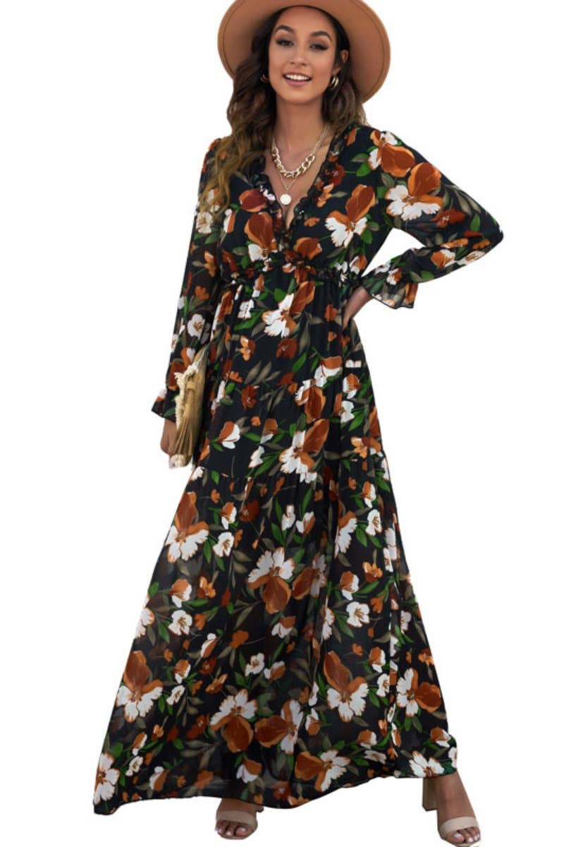 CWDMD2958_RUFFLED TIERED LONG-SLEEVED V-NECK FLORAL DRESS
