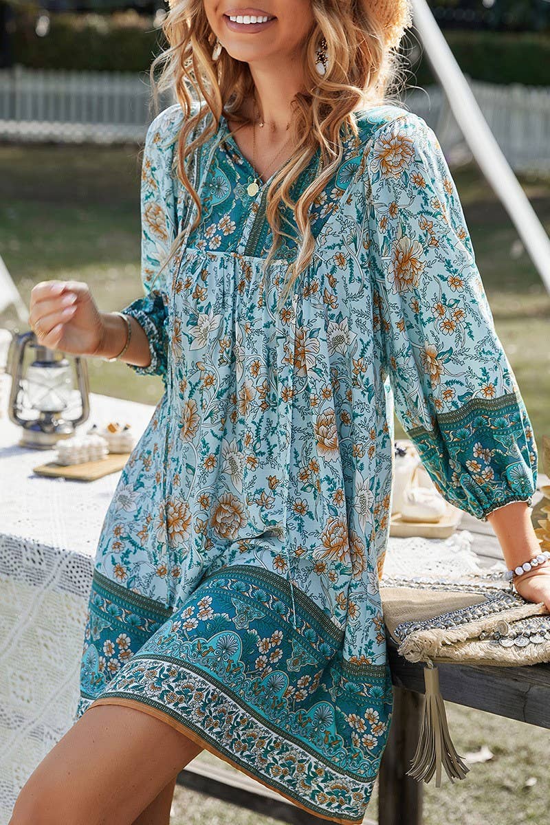 CWDSD10494_CONTRAST COLOR TIE THREE-QUARTER SLEEVE DRESS