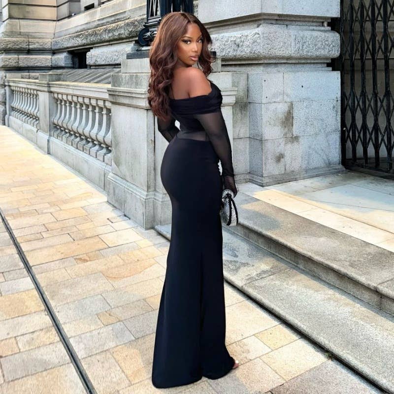 ONE-SHOULDER SLIM-FIT SEE-THROUGH MESH DRESS