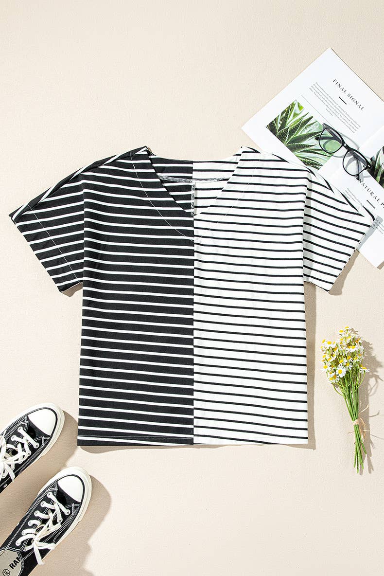 V-neck trend color matching print loose T-shirt