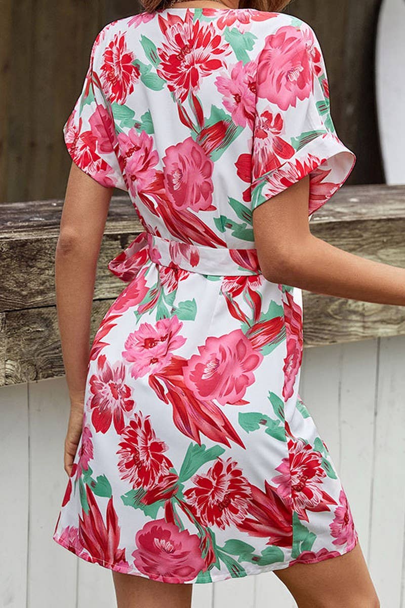 CWDSD2761_Deep V-Neck Wrap Short Sleeve Print Dresses