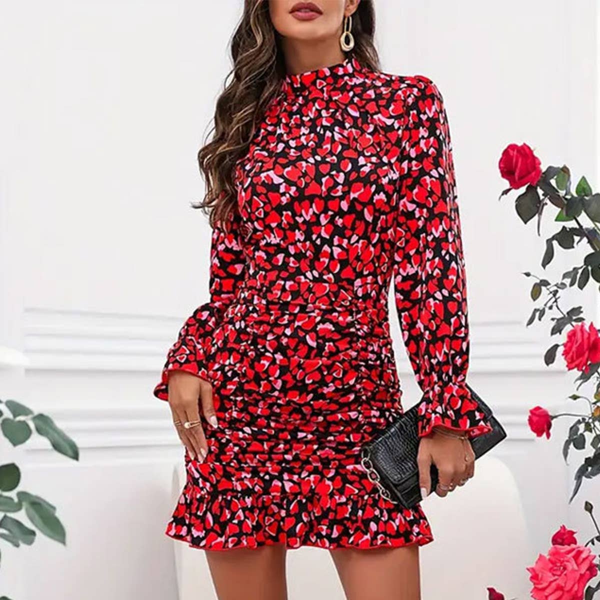 Elegant print pleated design long-sleeved dress