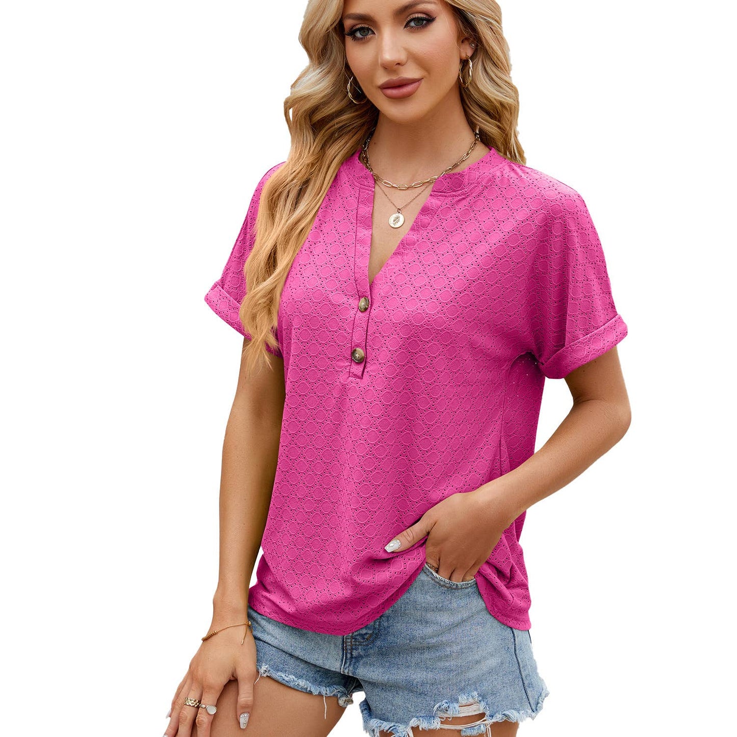 Solid color V-neck loose short-sleeved T-shirt
