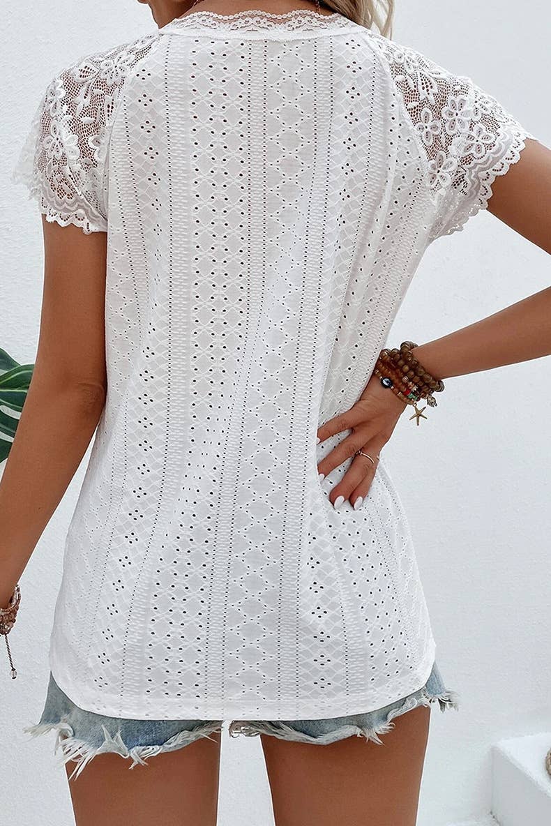 Lace patchwork V-neck short-sleeved T-shirt