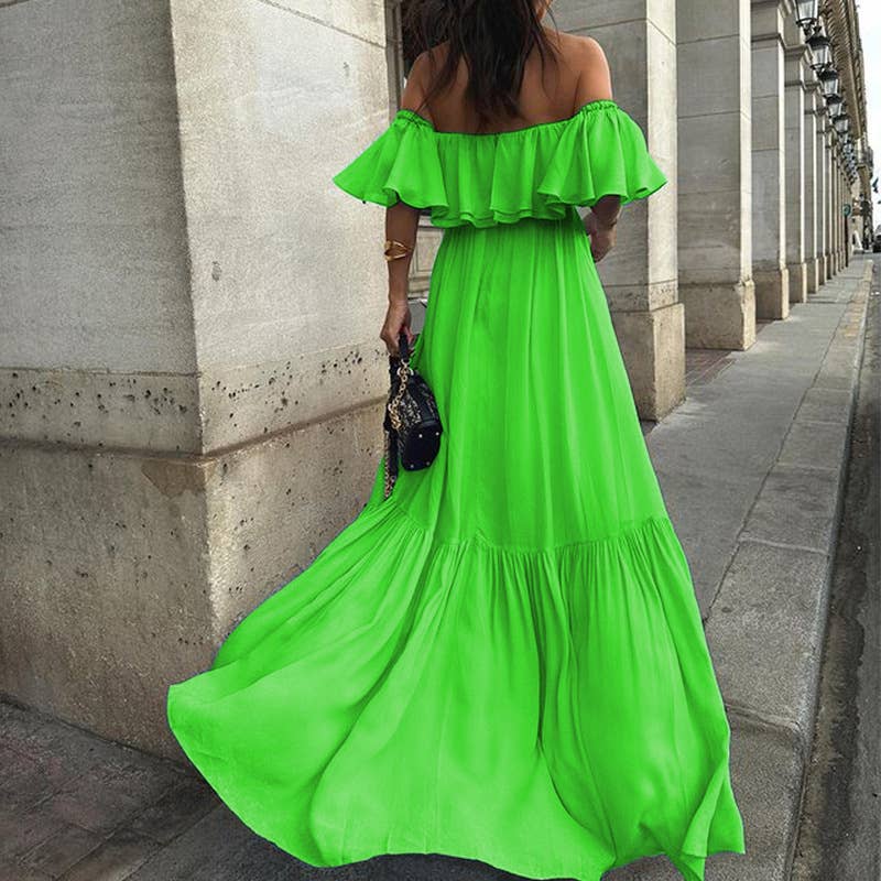 SOLID COLOR ONE-LINE SHOULDER-TOP LONG DRESS