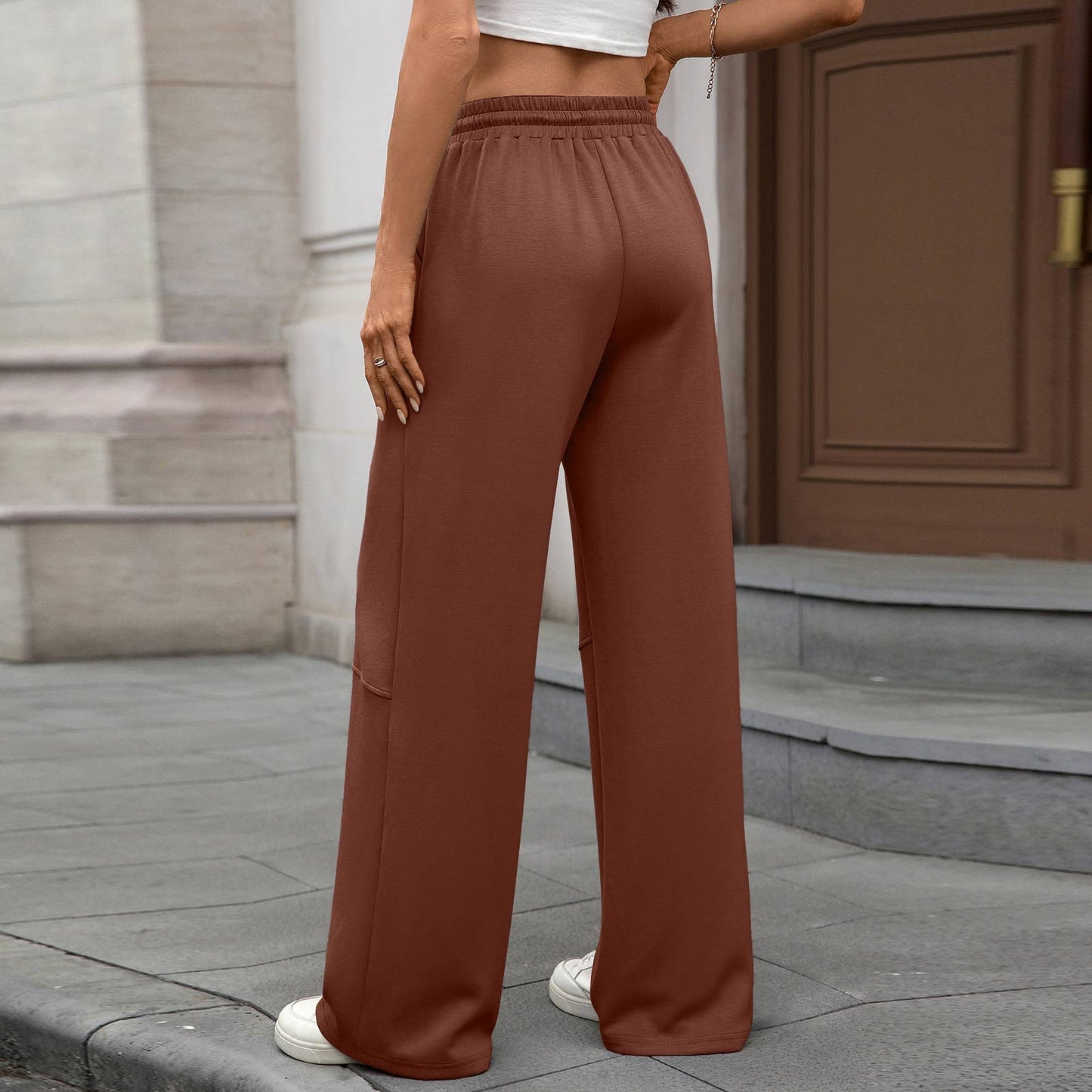 Stretch waist drawstring pocket wide leg pants
