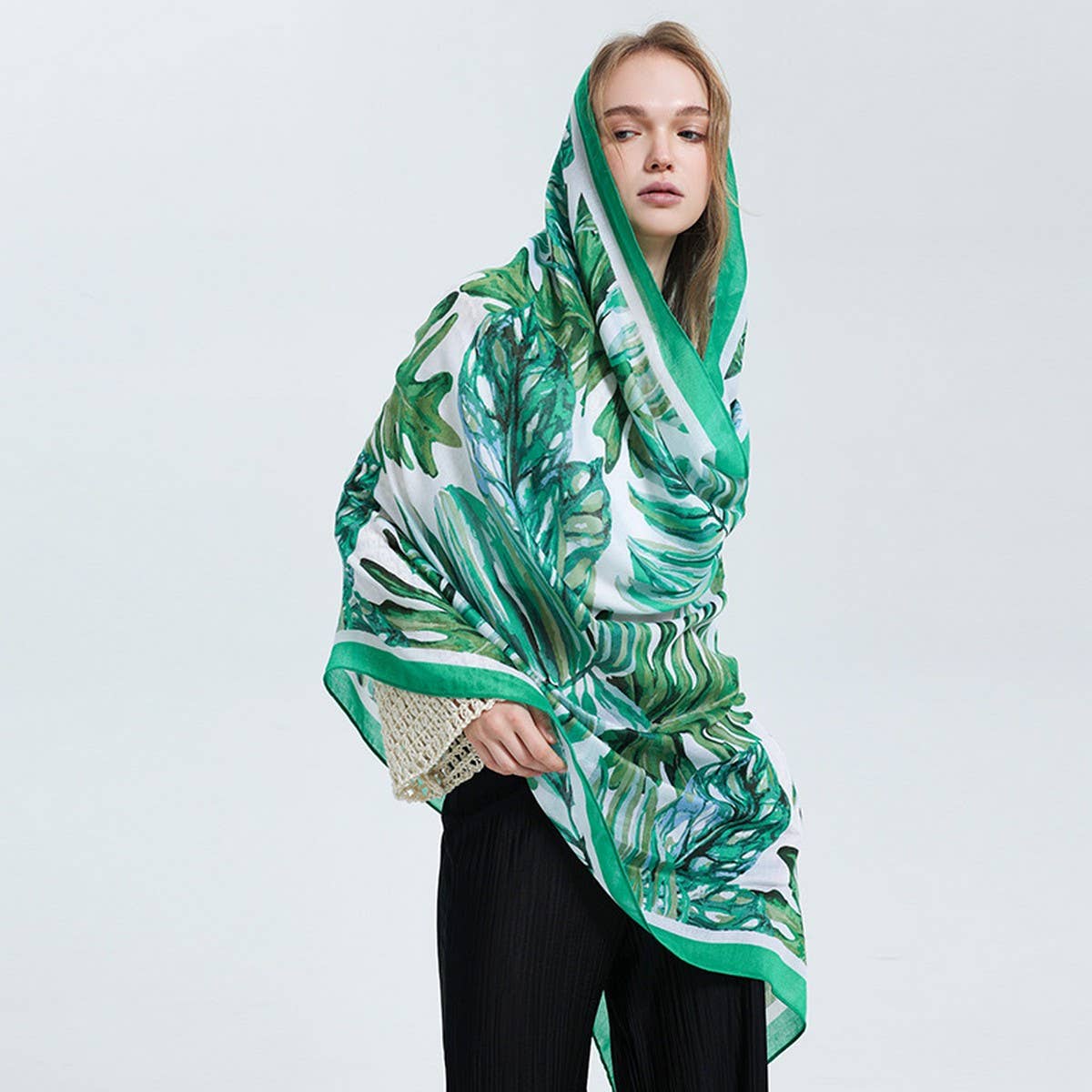 Banana Leaf Print Scarf - Green Summer Beach Wrap_CWASC0676