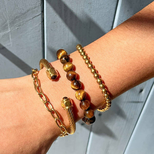 18K Gold Pink Quartz Pearl Steel Bead Bracelet_CWAJE4779