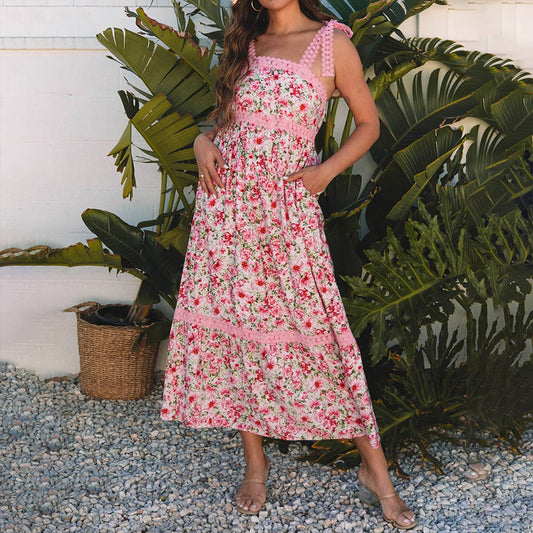 Sweet-style floral printed patchwork long dress