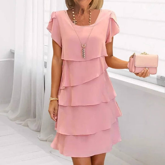 Short-sleeved dress,solid color round-neck dress