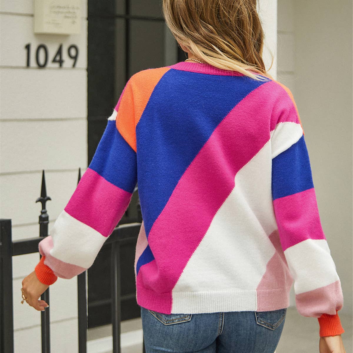 STRIPED PATCHWORK STYLISH CREW NECK SWEATER