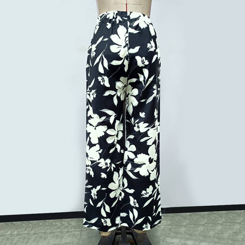 Leaf Print High Waist Wide Leg Trousers