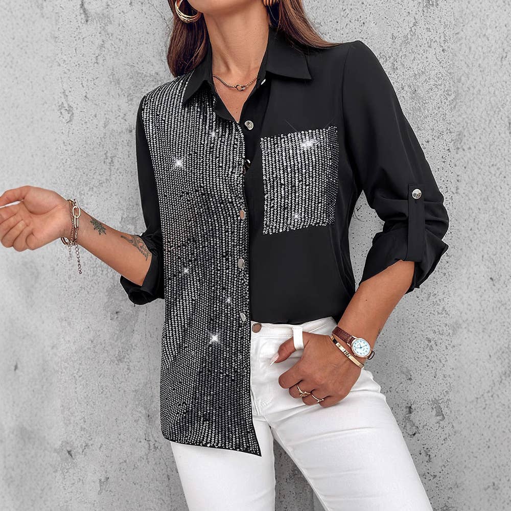 SOLID COLOR BEADED PATCHWORK LAPEL SHIRT