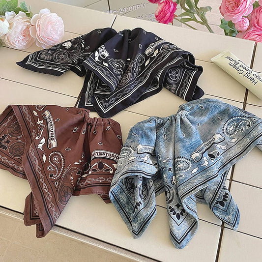 Vintage Paisley Denim Blue Bandana Hair Tie