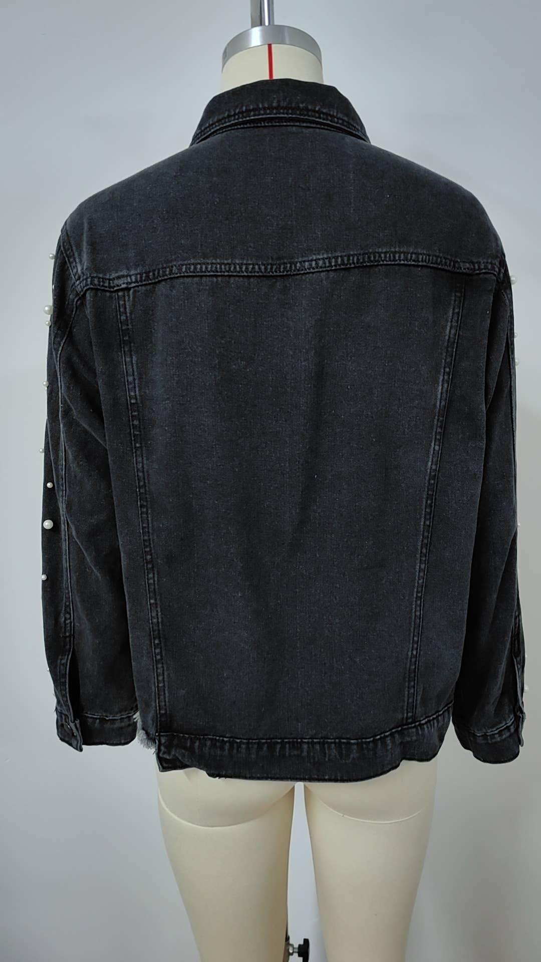 Washed beaded long-sleeved casual denim jacket