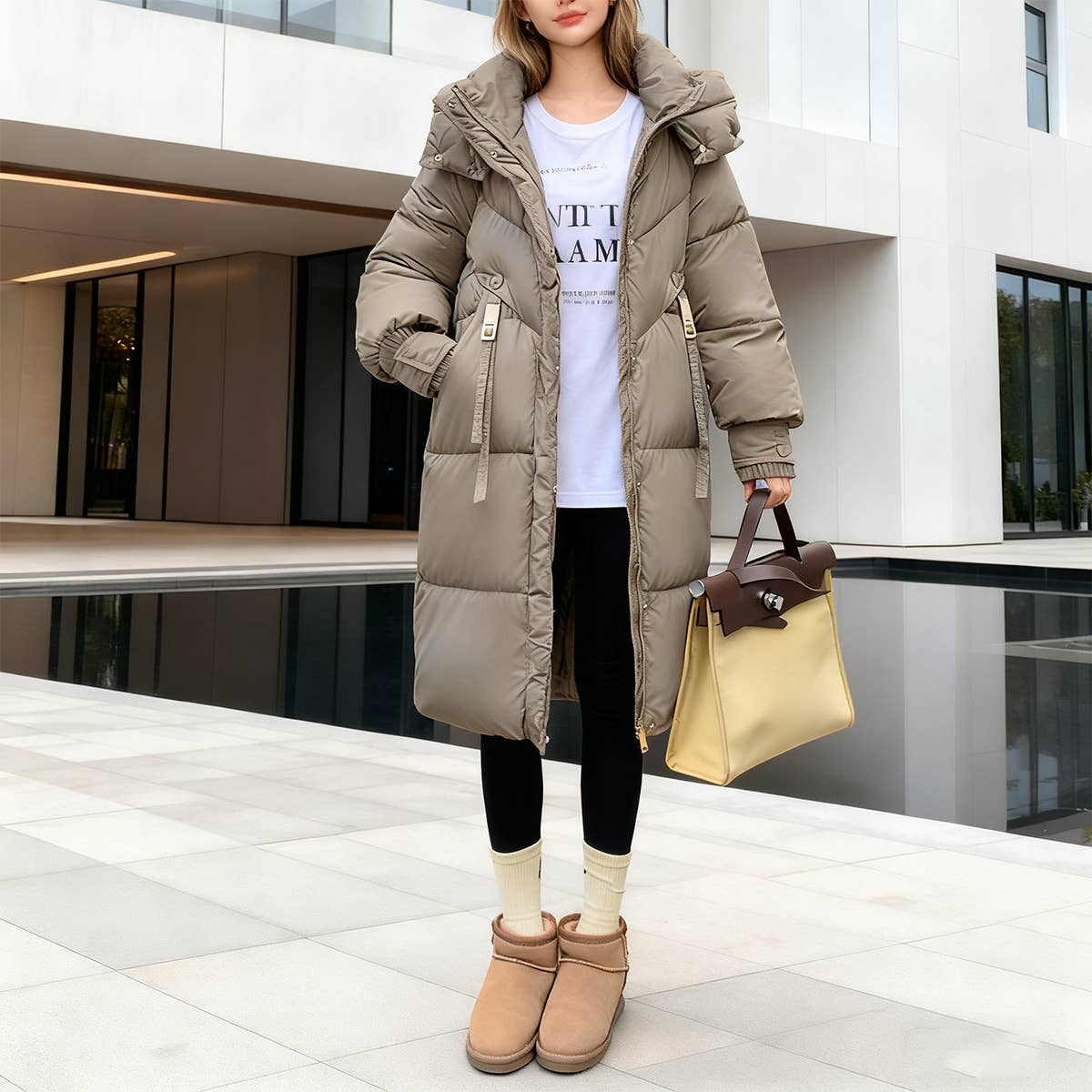 Warm hooded thick long pure color quilted jacket