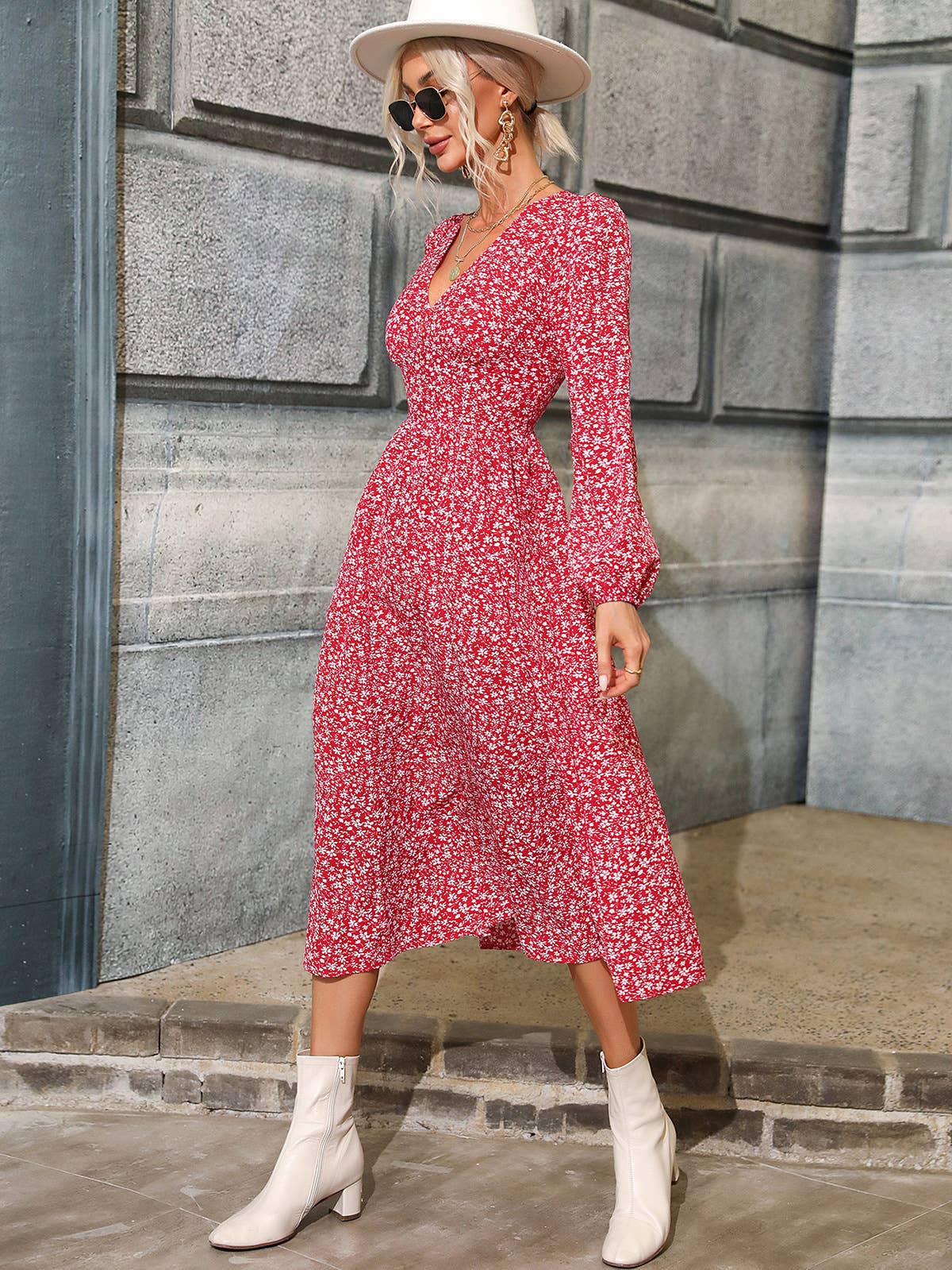 V-NECK WAIST PRINT DRESS