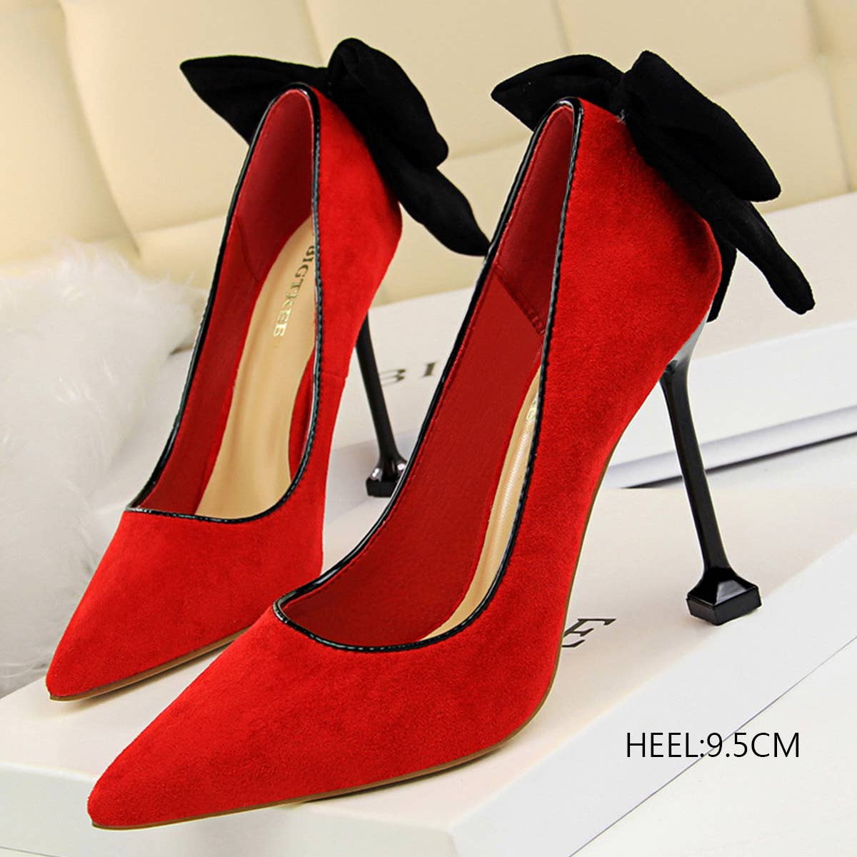 WOMEN SUEDE SHALLOW POINTED TOE BOW HIGH HEELS