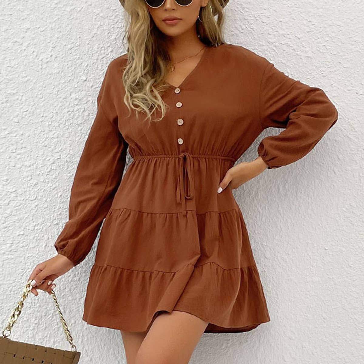 SOLID COLOR LACE-UP SLIM DRESS WITH LARGE SKIRT