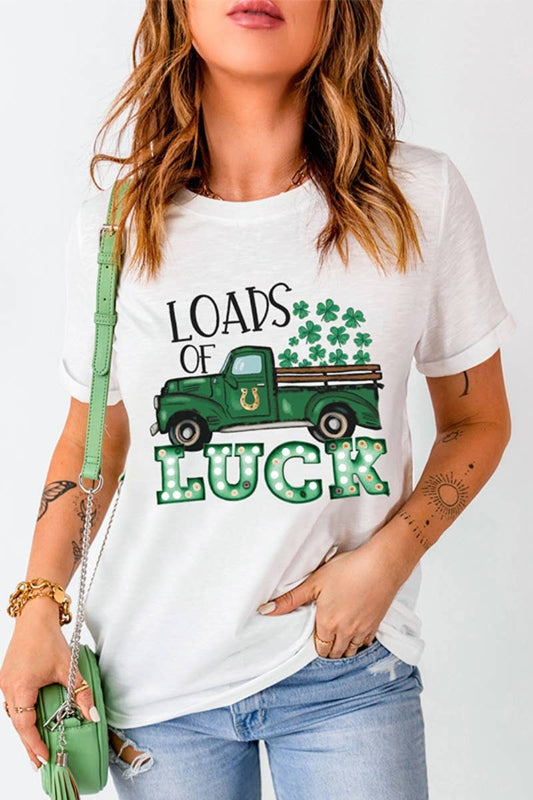 Cwtbls1384_Summer Four-Leaf Clover Print Short-Sleeved Top