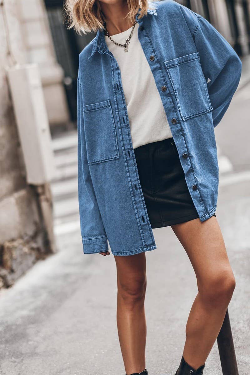 CWOCO1183_VINTAGE BLUE DENIM POCKETED LOOSE SHIRT