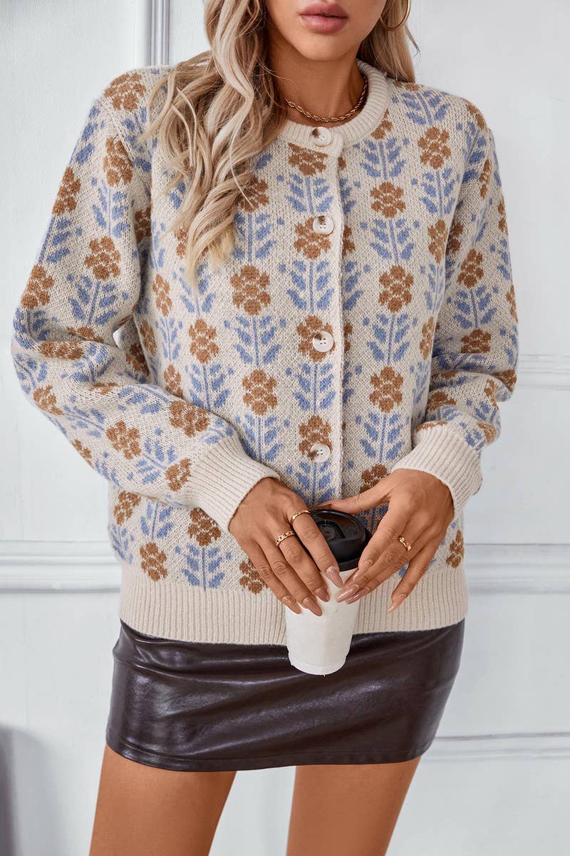 CWOCAL0842_SINGLE BREASTED JACQUARD KNIT CARDIGAN SWEATER