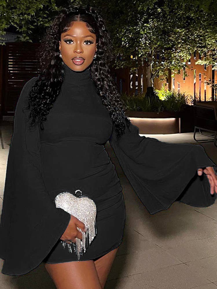 STYLISH TURTLENECK SOLID COLOR WRAP HIP DRESS