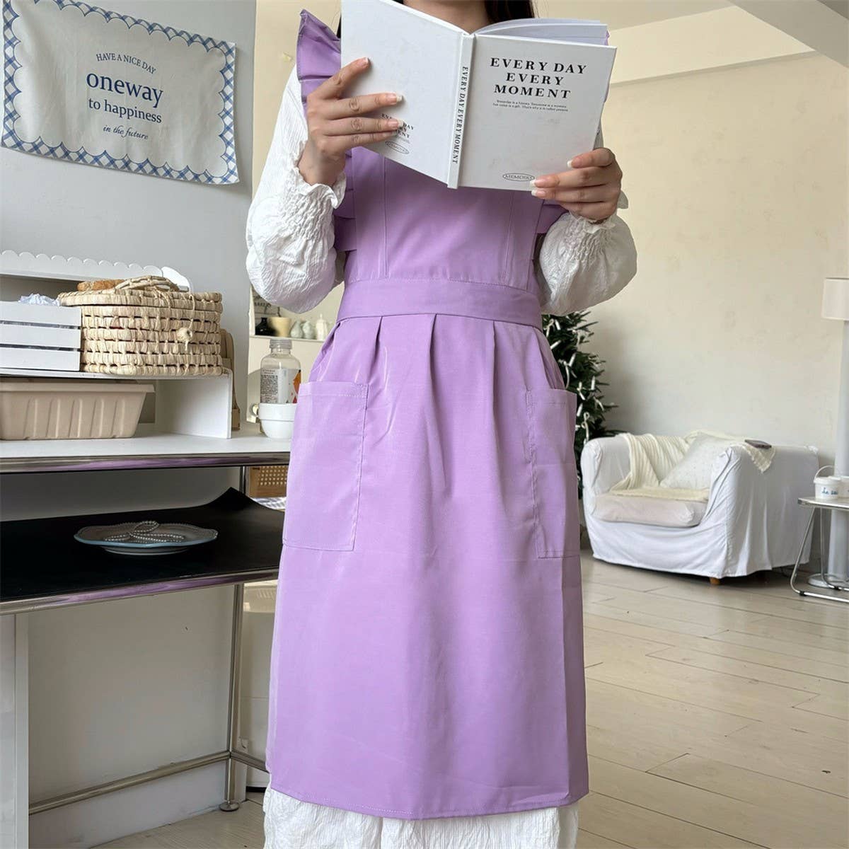 WATERPROOF AND OIL-PROOF OXFORD RUFFLED CROSS APRON