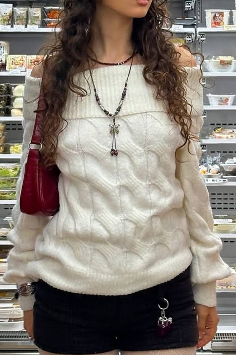 CWOSWL07510_OFF-THE-SHOULDER LONG-SLEEVED KNITTED SWEATER