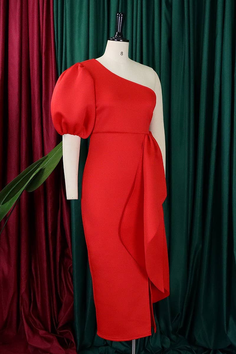 CWDMD1731_PLUS SIZE SLOPE NECK SLIT RUFFLED MIDI DRESS