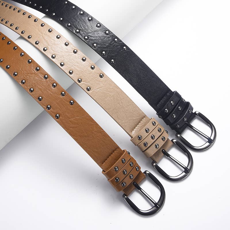 Retro punk double-row riveted pin buckle belt
