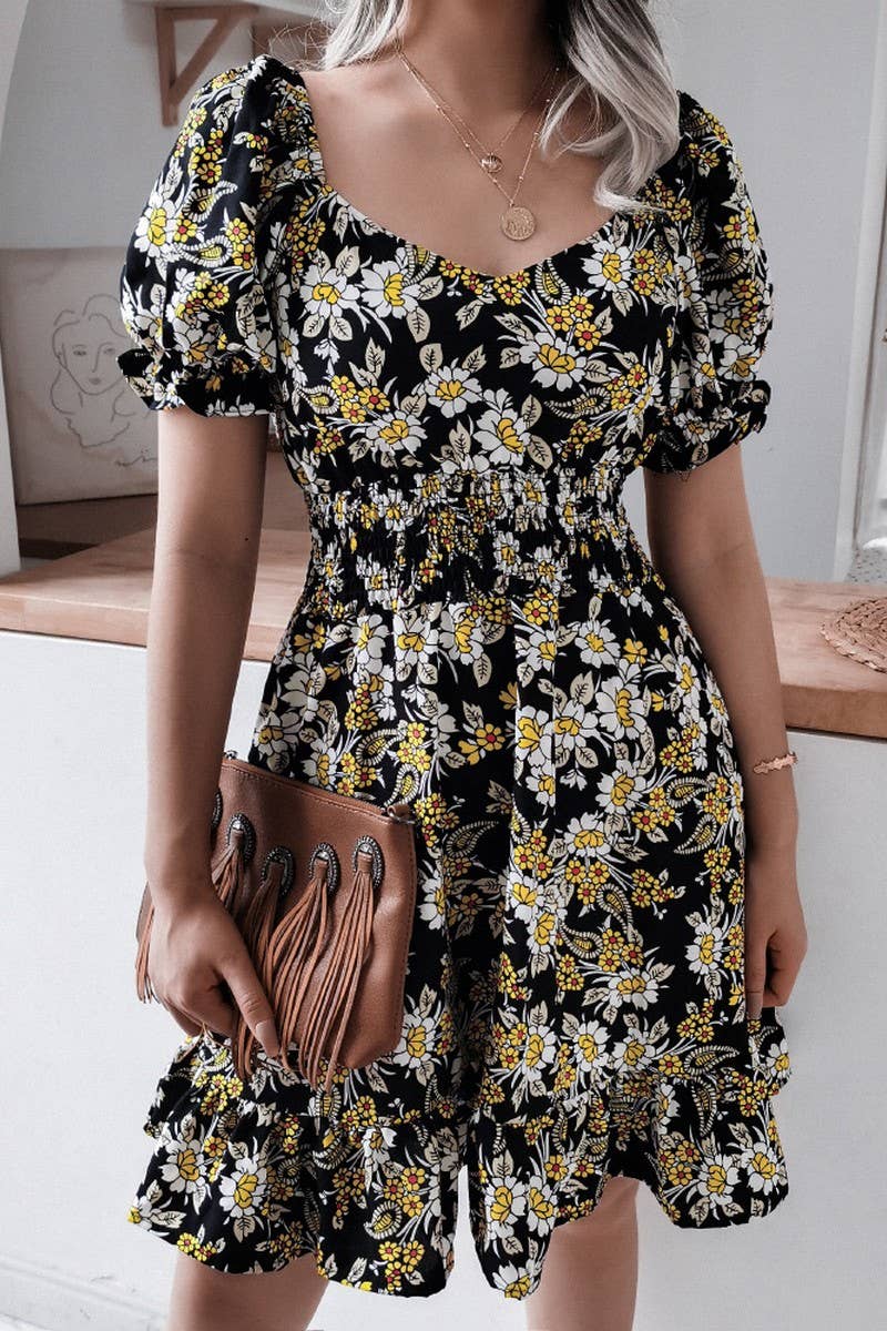 SQUARE COLLAR LANTERN SLEEVE FLORAL FLOUNCY DRESS_CWDSD2500