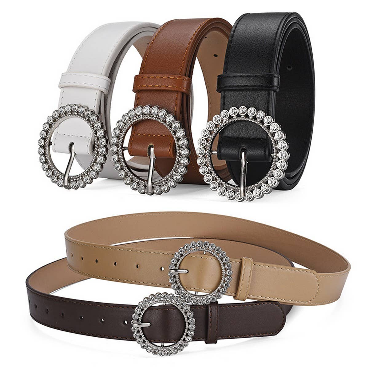 ROUND BUTTON CRYSTAL INLAID SOLID COLOR BELT