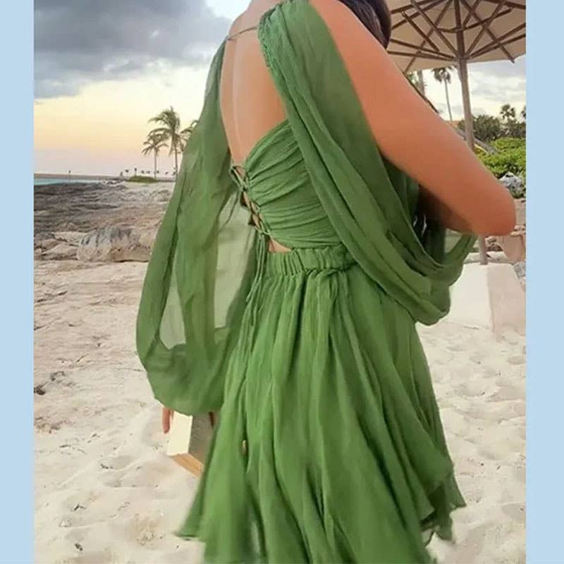 Lantern sleeves deep V-neck dress