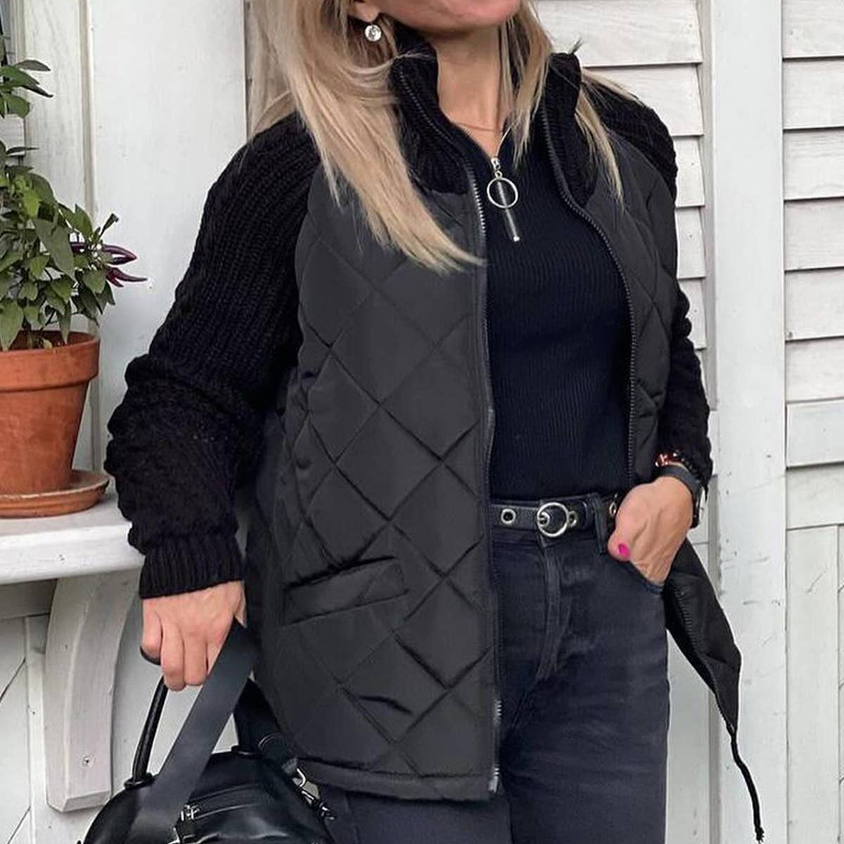 ZIPPER LONG SLEEVE STAND-UP COLLAR QUILTED JACKET