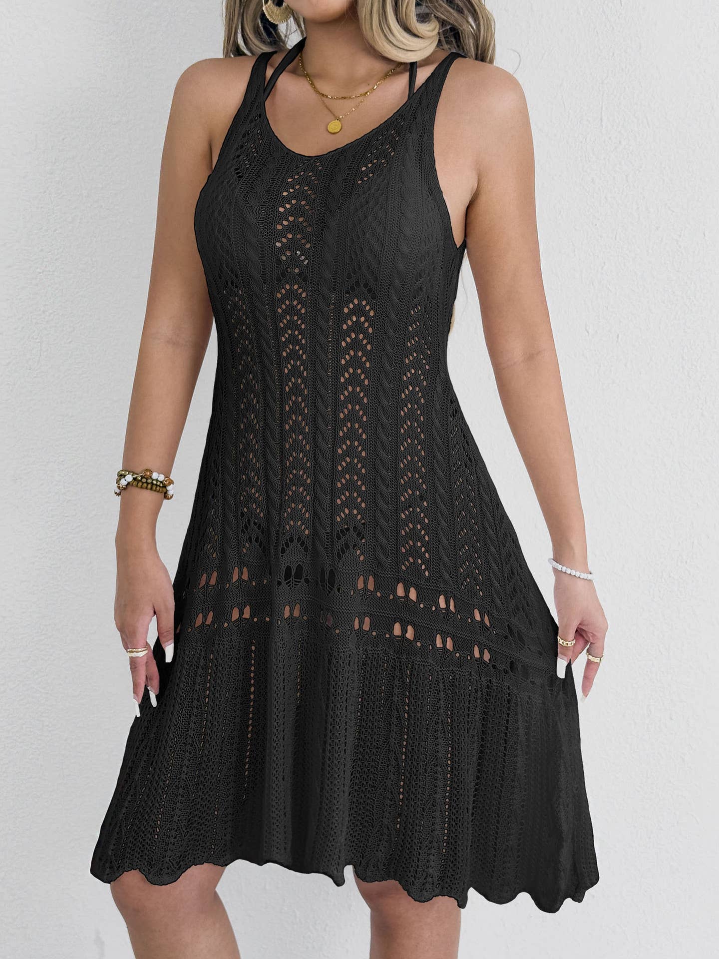 Hollowed-out woven halter top dress large swing