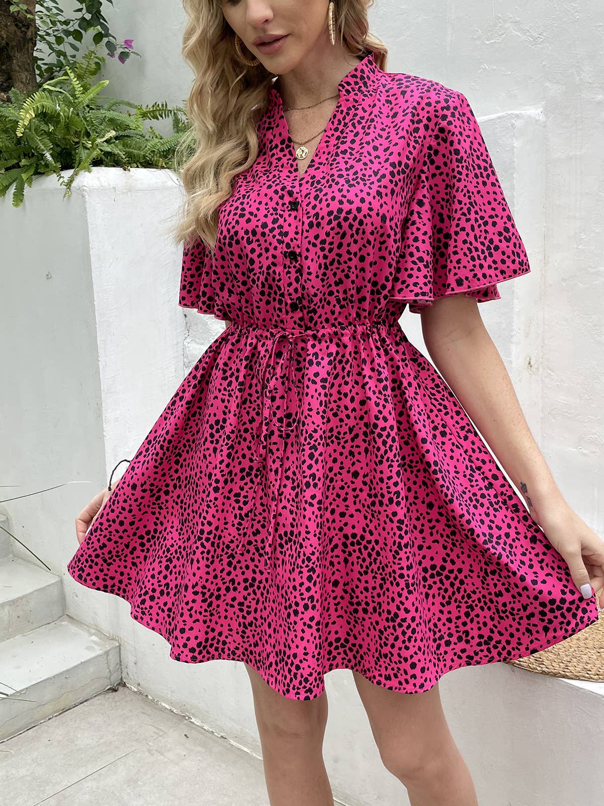 V-NECK SLIT SLIM PRINT LONG-SLEEVED DRESS