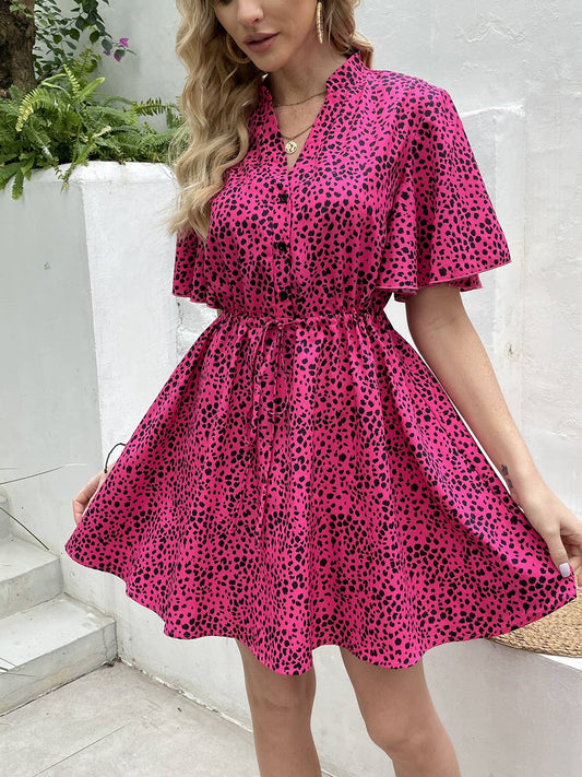 V-NECK SLIT SLIM PRINT LONG-SLEEVED DRESS
