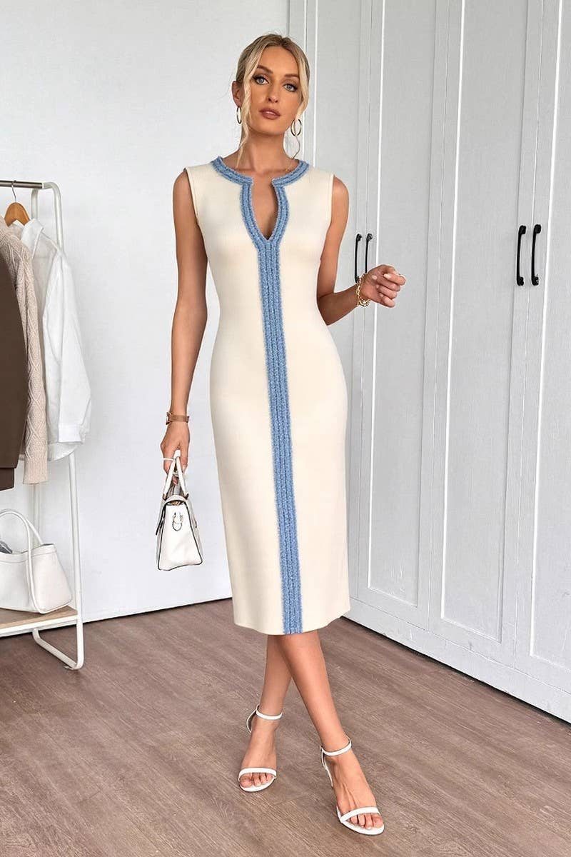 CWDSD8801_KNIT TEXTURE SLEEVELESS V-NECK SPLIT DRESS