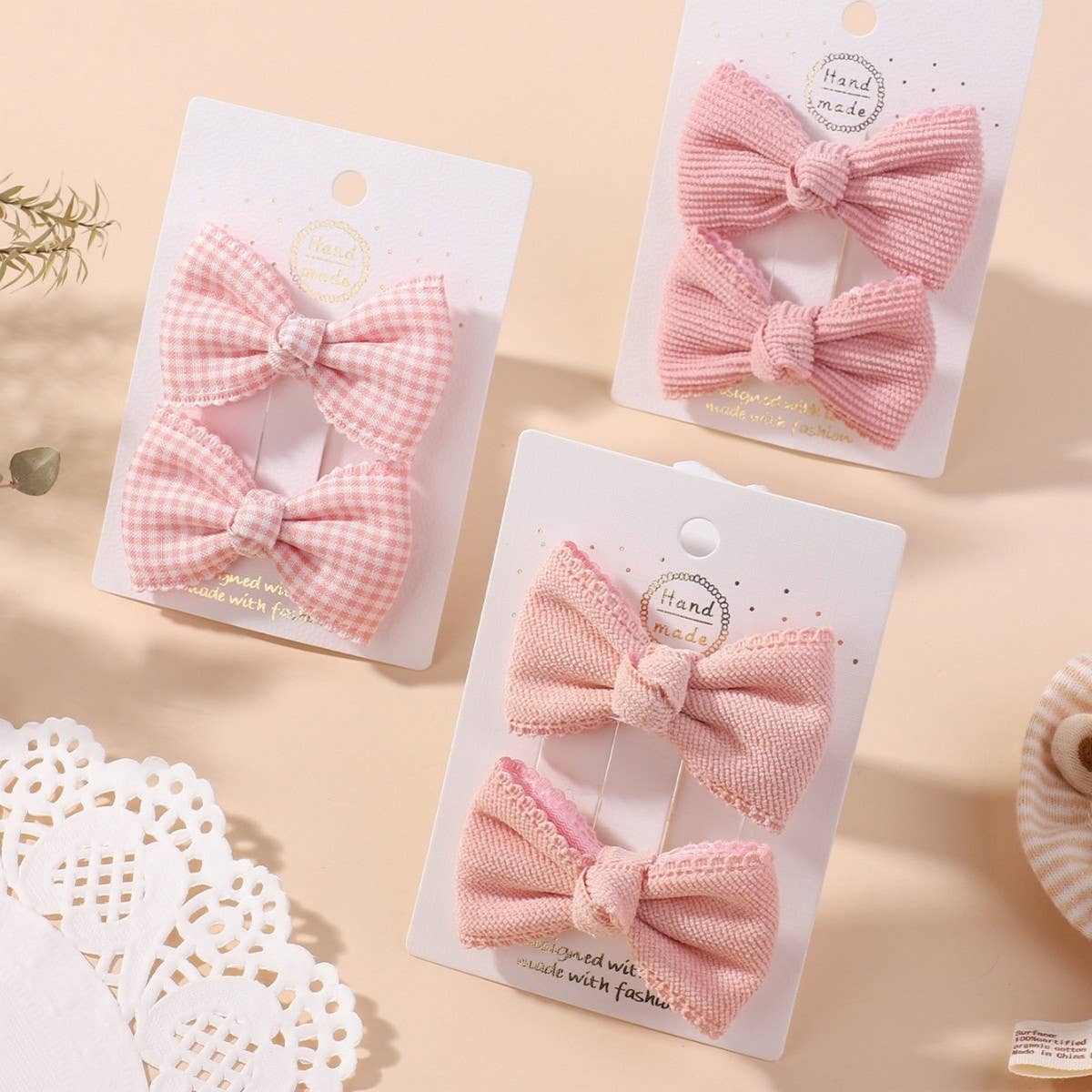 Baby Pink Plaid Lace Bow Hair Clip Set_CWAHA6705