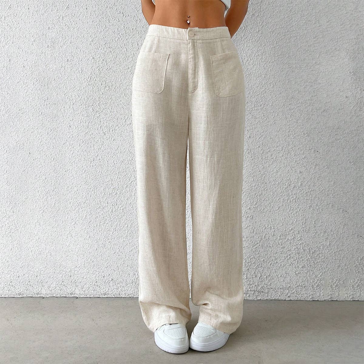 Cotton and linen solid-color elastic waist pants