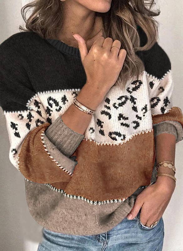 LEOPARD PRINT PATCHWORK FASHION KNIT PULLOVER