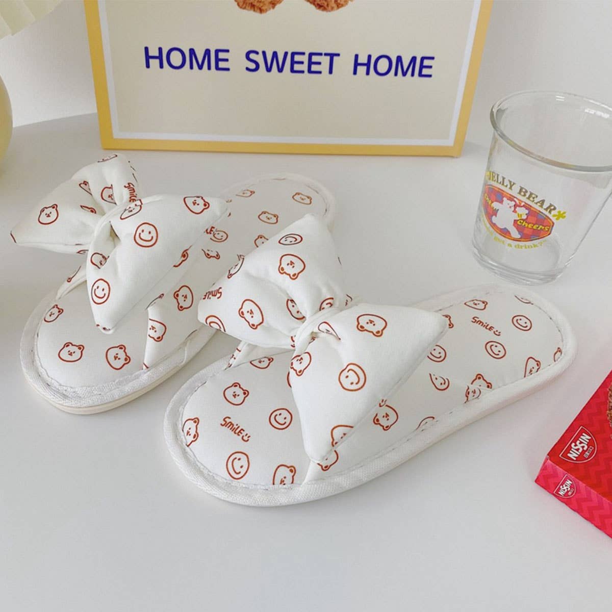 KLEIN BLUE SMILEY BEAR BOW SLIPPERS FOR WOMEN