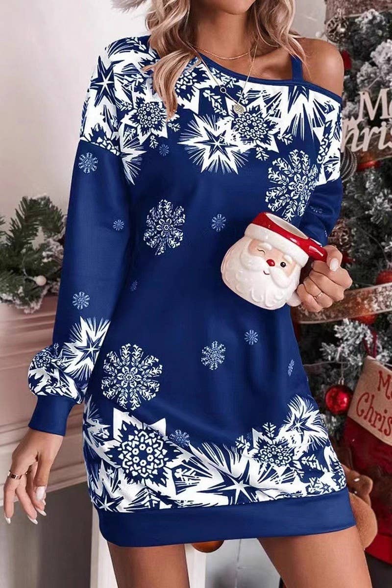 CWDSD10877_CHRISTMAS SNOWFLAKE OFF SHOULDER DRESS