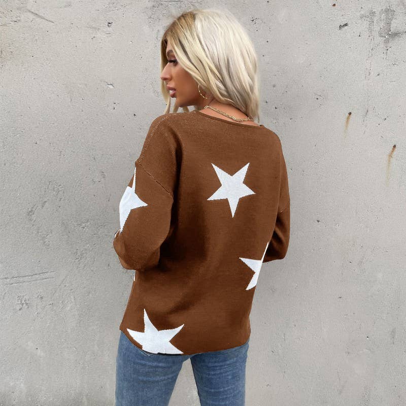 Five-pointed crew neck long-sleeved knit sweater