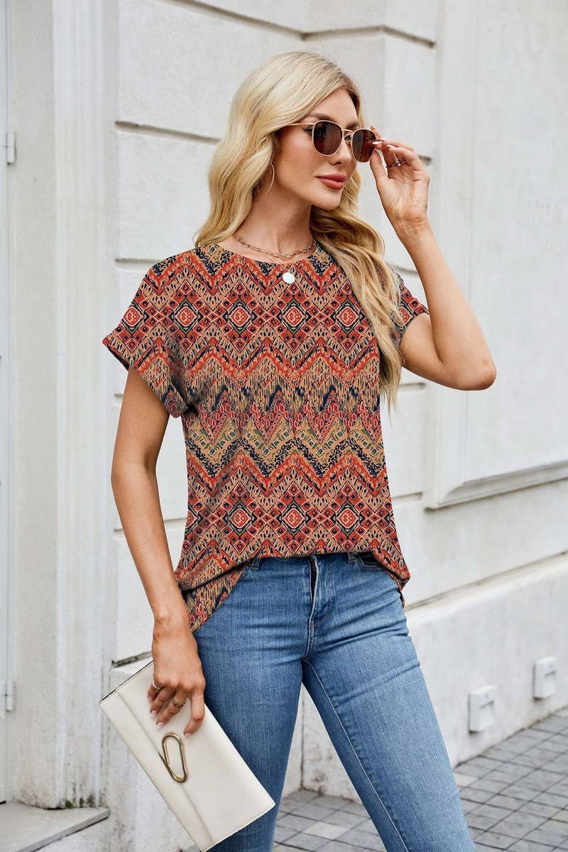 Cwtbls1742_Printed Crew Neck Loose Short Sleeve T-Shirt Top