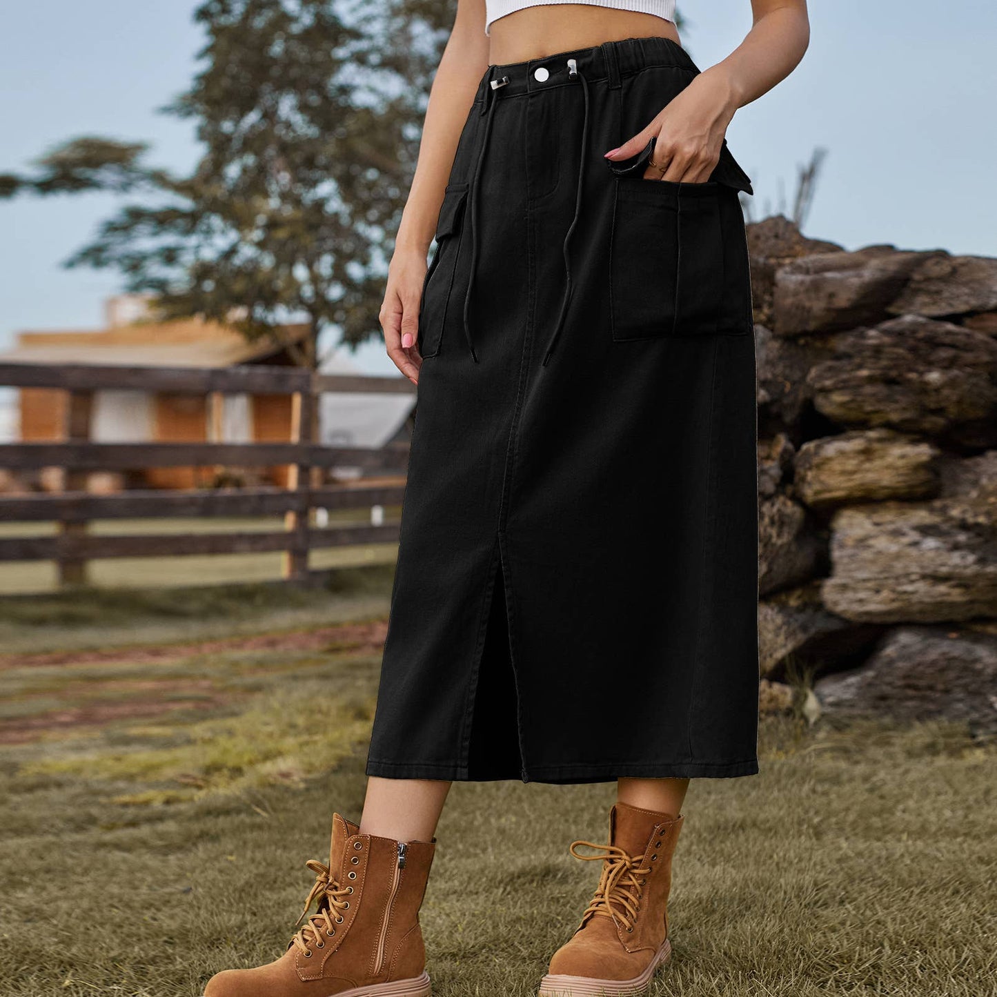 LACE-UP CARGO DENIM SLIT SKIRT