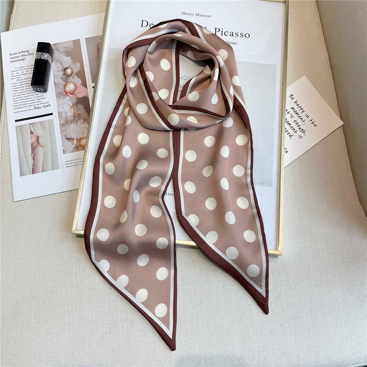 POLKA DOT SIMPLE GEOMETRIC LONG SILK HEAD SCARF_CWASC1519